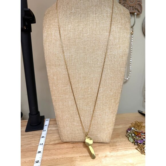 J. Crew Long Gold Tone Pendant Necklace With Double Chain & Polished Abstract Ch - Picture 2 of 7